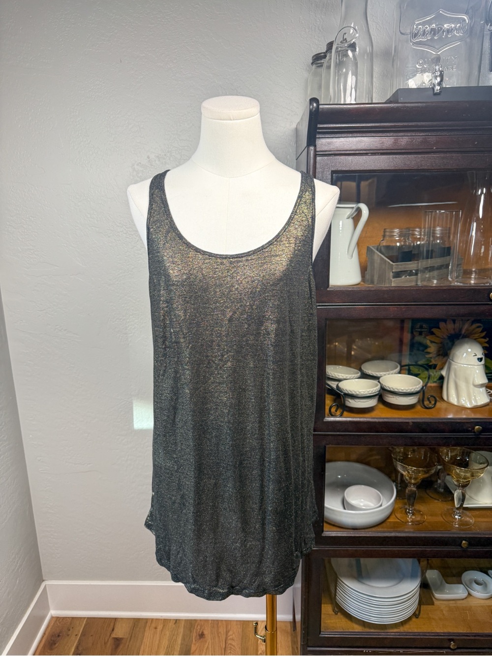 Eileen Fisher Metallic Sheer 100% Organic Linen Black Gold Tank Top Size XL